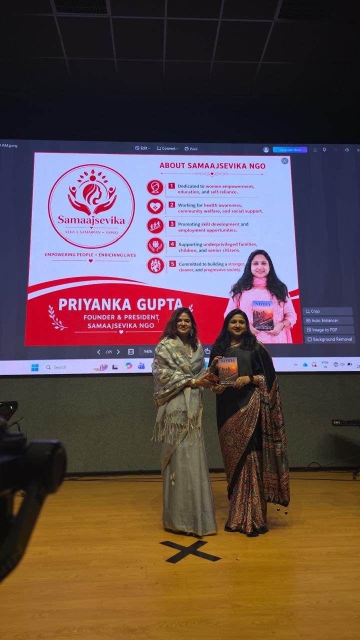 Priyanka Gupta presenting the book 'Noida' on stage